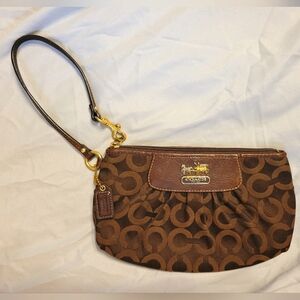 Coach Signature pleat front wristlet in chocolate brown